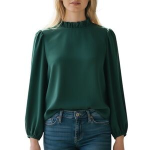 J.Crew Ruffle Neckline Long Sleeve Green Blouse Size Medium